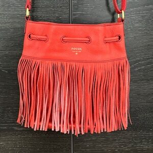 Fossil Dark Salmon Fringed Leathe Bucket Bag